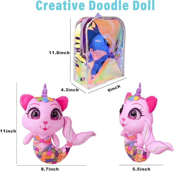 Stuffed Animal Coloring Plush Toy with 20 Washable Markers Laser Holographic Backpack Road Trip Car Game Writing Painting Set for Girls Doodle Dolls Kids Ages 3-6 Birthday(Pink Cat Mermaidr)