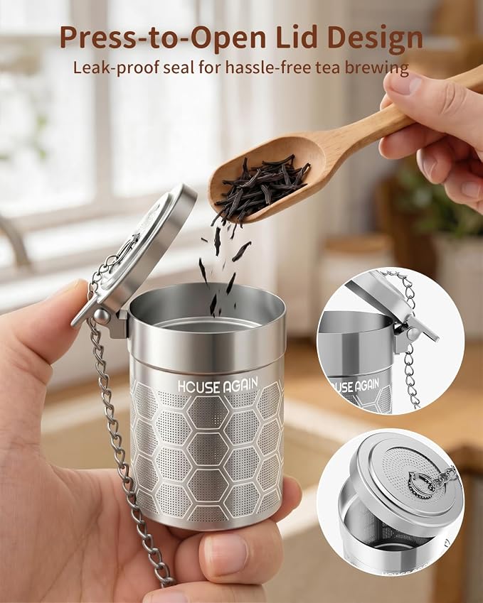 House Again Tea Infuser, 304 Stainless Steel Extra Fine Mesh Tea Strainer for Loose Tea, Upgraded Press-to-Open Lid, Loose Leaf Tea Steeper for Spices & Seasonings