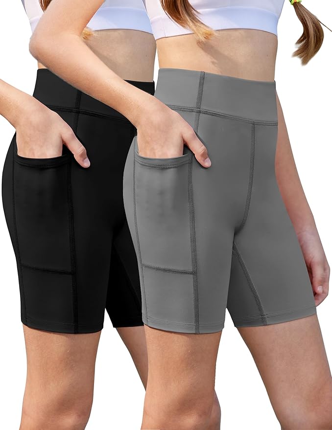 Zaclotre Girls Bike Shorts with Pockets Kids 5" High Waisted Yoga Workout Athletic Running Volleyball Spandex Shorts