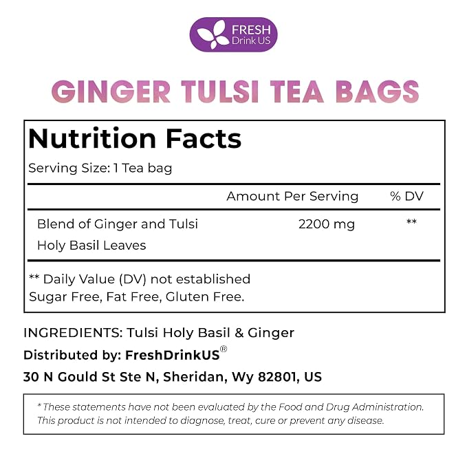 FreshDrinkUS, Premium 35 Ginger Tulsi Tea Bags, 100% Natural, Hand-made Blend of Ginger and Tulsi Holy Basil Leaves, Eco-conscious Tea Bags. Herbal Tea. No Sugar, No Caffeine, Vegan.