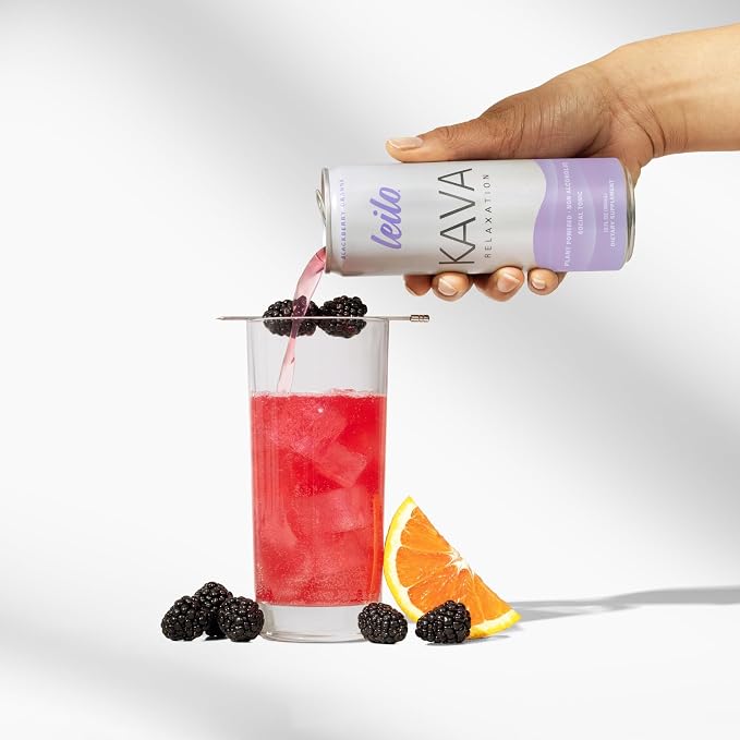 Leilo | Kava Powered Sparkling Relaxation Drink | Blackberry Orange - Non-Alc Calming Beverage | 12 fl oz Cans (Pack of 12)