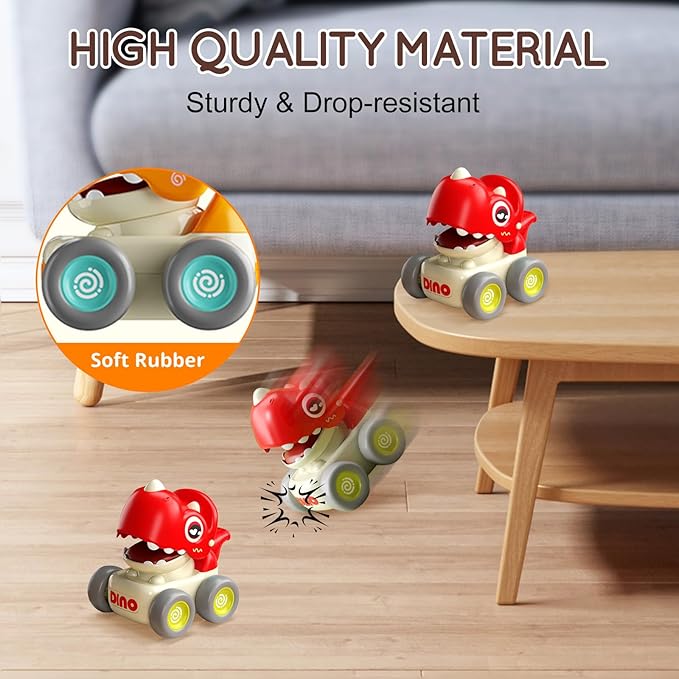 Dinosaur Racing Cars for Toddlers 1-3, Baby Press and Go Car Toys, Infant Play Vehicle Set with Whistle, Baby Push Go Friction Car Toys for 18M+, 1st Birthday Gift for 1 2 Years Old Boys Girls