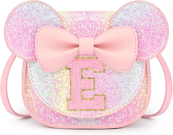 mibasies Toddler Purse Girl Gifts: Girls Birthday Gifts for 3-8 - Toys for Ages 2-4 Girls Mouse Ears Purse, Glitter Rainbow, Letter E