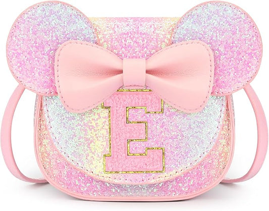 mibasies Toddler Purse Girl Gifts: Girls Birthday Gifts for 3-8 - Toys for Ages 2-4 Girls Mouse Ears Purse, Glitter Rainbow, Letter E