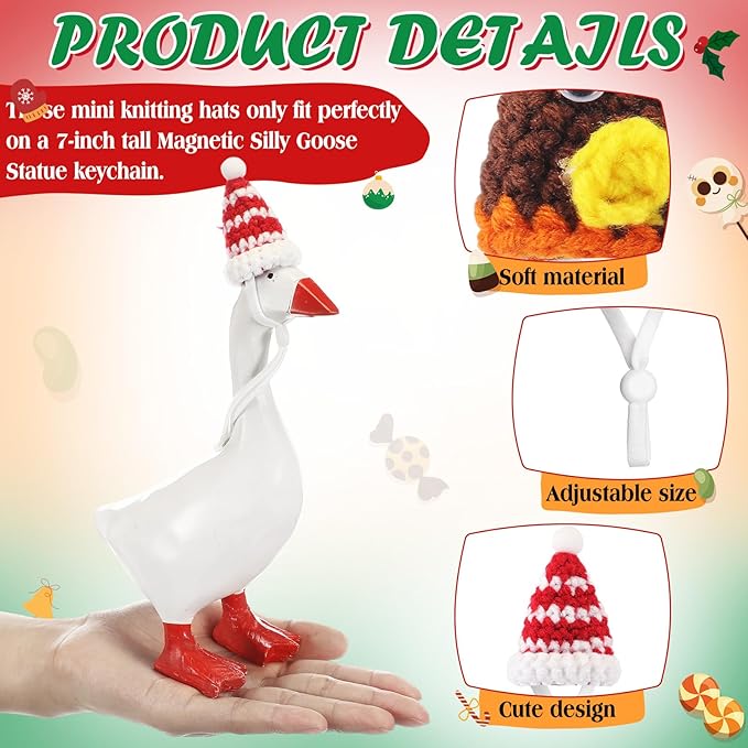 Geyoga 6 Pcs Mini Knitted Hats 7 Inch Goose Outfits Hat with Adjustable Strap Mini Porch Goose Headwear for Statue Key Holder