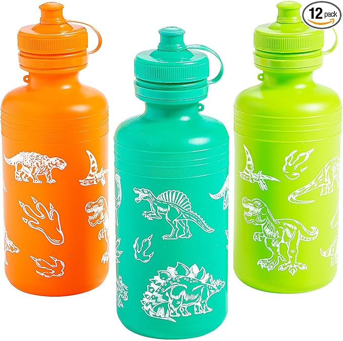Fun Express 12 Pieces Dinosaur Plastic Water Bottles, Each Holds 18 oz, BPA Free Plastic, Dinosaur Themed Party Supplies, Multi-Color