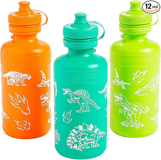 Fun Express 12 Pieces Dinosaur Plastic Water Bottles, Each Holds 18 oz, BPA Free Plastic, Dinosaur Themed Party Supplies, Multi-Color