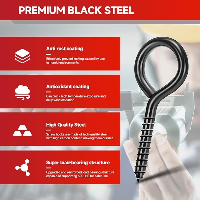 3.3 inch Eye Bolts - 20 Pcs Eyes Hooks Screw Heavy Duty 300 lbs Breaking Strength Black Rust-Resistant, Screw for Hanging Plant, Fixed Cablees, Indoor & Outdoor Use