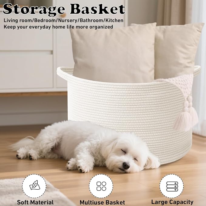 65L Large Blanket Basket,Woven Rope Laundry Basket-White | Collapsible, reinforced handles, nursery storage bin organizes clothes, toys and pillows for living room, bedroom bathroom