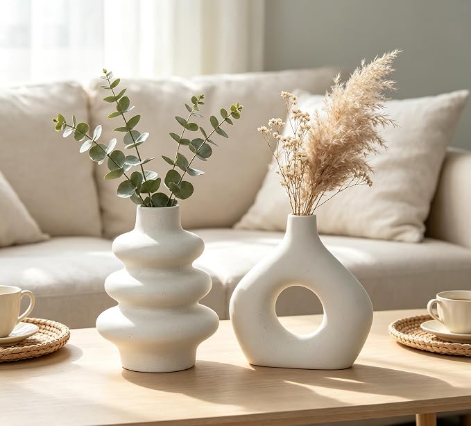 CUCUMI Ceramic Flower Vase Set of 5 Modern Boho Style Decorative Vases | Farmhouse Vases Home Decor, Matte Ceramic Decorations for Living Room, Bookshelf Mantle Entryway Table or Console Décor