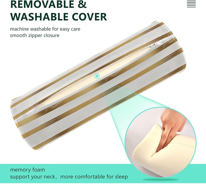 Bolster Pillow for Reading Neck Roll Pillow Memory Foam Round Pillow Insert Cylinder Decorative Pillow Bed Back Support Gold Stripe