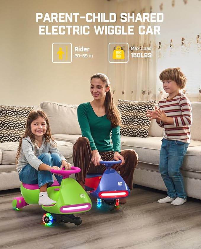 FanttikRide N7 Pro Electric Wiggle Car, Rechargeable Battery, CyberWiggle, 2 in 1 Swing Car, 2 Speeds Max 4 Mph, Anti-Rollover, Flashing Wheels, Bluetooth, for Ages 3 and Up, 150 Lbs, Grape Green