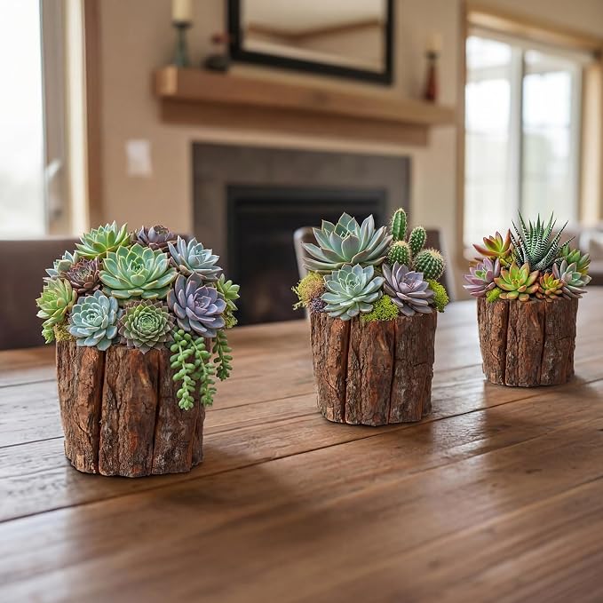6 Pcs Wooden Vase for Centerpieces Wedding Flower Table Centerpieces Woodland Party Decor Rustic Farmhouse Bark Stump Buckets Vintage Planter Pots for Garden Baby Shower Window Home (Small)