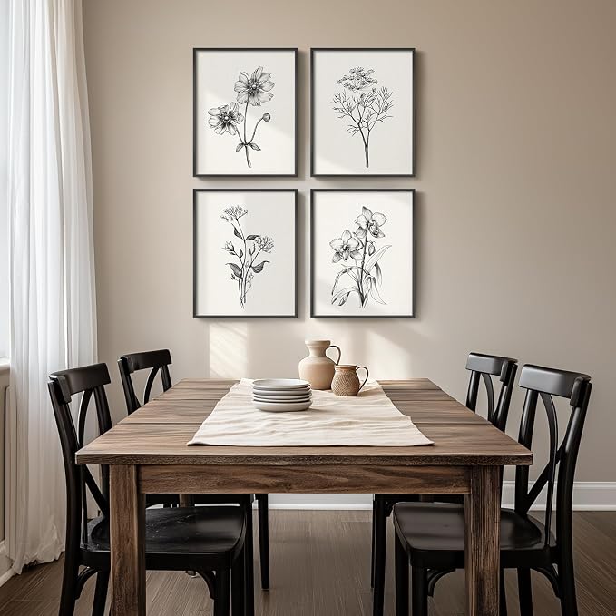 Framed Black and White Floral Wall Art for Bedroom, 4 Piece 11x14 In | Modern farmhouse wall decor, Minimalist flower pictures, Botanical canvas Prints, Living room kitchen bathroom wall decor