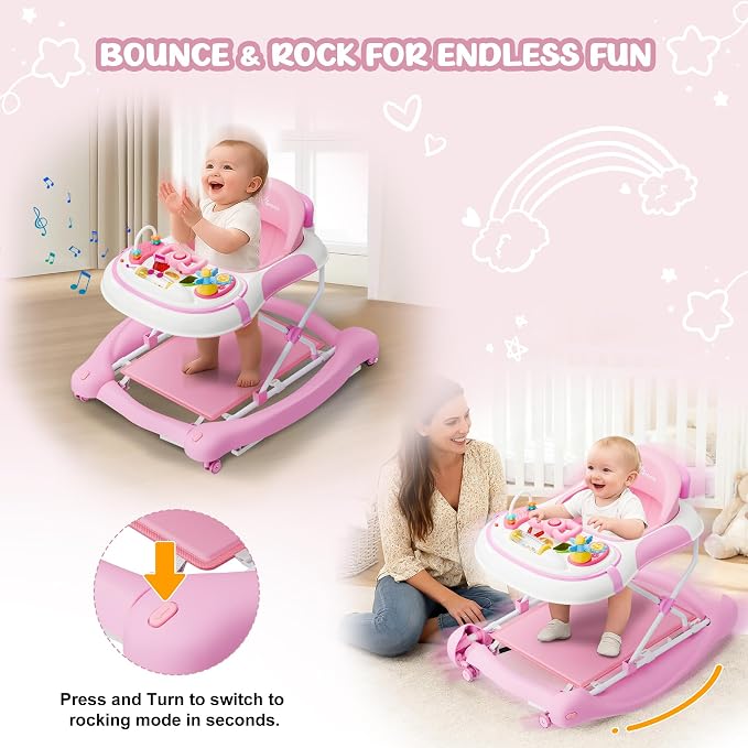 5-in-1 Foldable Baby Walker,Music and Lights Baby Walker with Wheels,Height Adjustable Infant Walker, with Activity Center, Rocker, Bouncer,Push Walker & Feeding Tray for Babies 6-18 Months (Pink)
