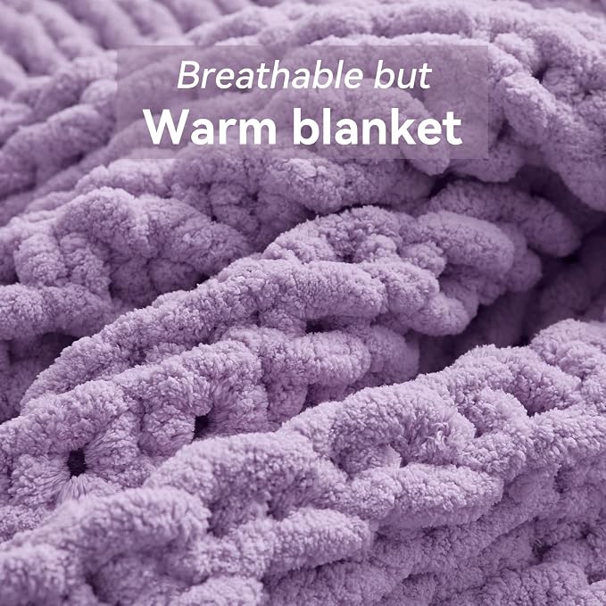 Negwoo Chunky Knit Throw Blanket, Knitted Throw Chenille Yarn, 40"*50" | Soft Thick Cable Knitted Blankets, Handmade Big Thick Blanket,Machine Washable Cute Comfy Blanket for Home Decor,Light purple