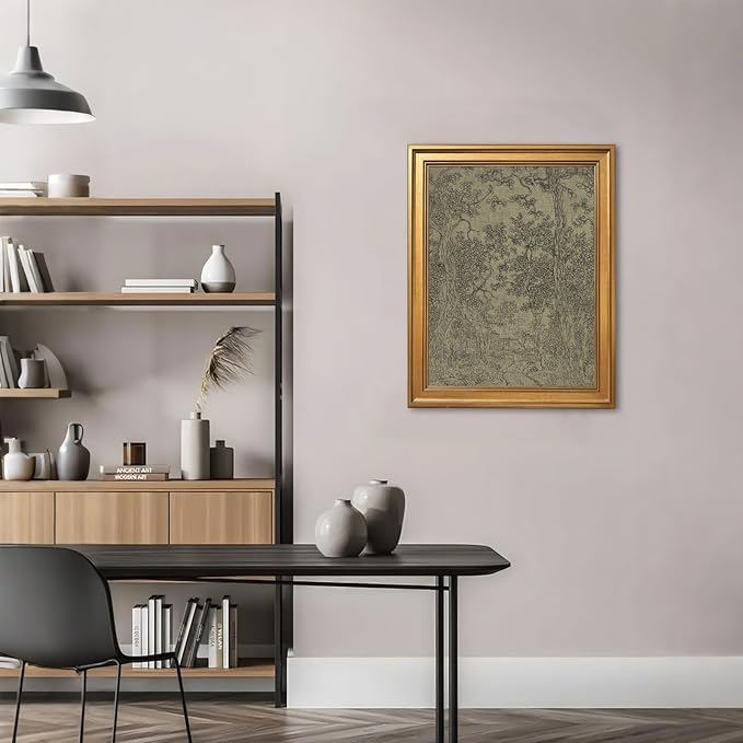 Gold Framed Antique Textile Landscape Sketch Wall Art Painting Moody Vintage Drawing Print Rustic Old-World Picture Poster Neutral Canvas Artwork for Living Room Study Entryway Home Decor 16x24inch