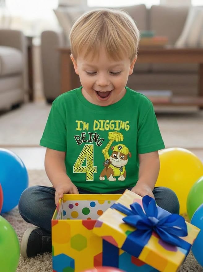 Paw Patrol Rubble Digging Being 4 T-Shirt for Toddler Boys - 4th Birthday Outfit with Construction Bulldozer Theme