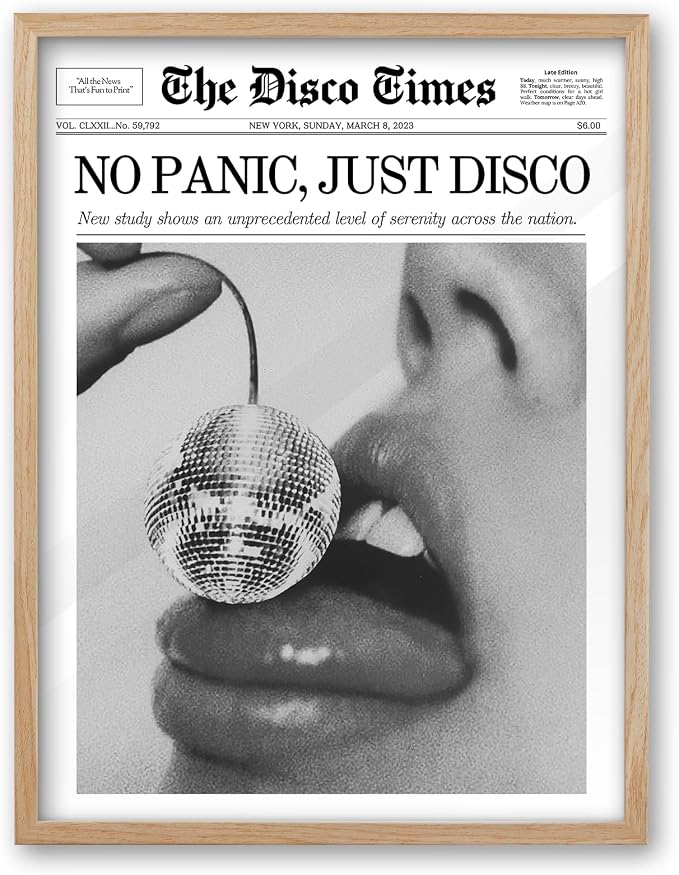 iHery 8x10in No Panic Just Disco Framed Newspaper Wall Art | Natural OAK Wood Frame with Canvas Print, Retro Disco Ball Decor for Bedroom, Girl Dorm, Living Room and Home, 1Pack