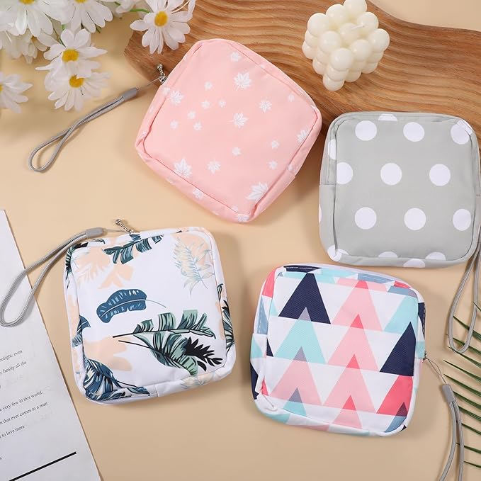 Skrfren 4 Pack Portable Sanitary Napkin Storage Bags, Reusable Mini Pouch for Purse, Menstrual Period Bags, Feminine Care Period-Bags Kit