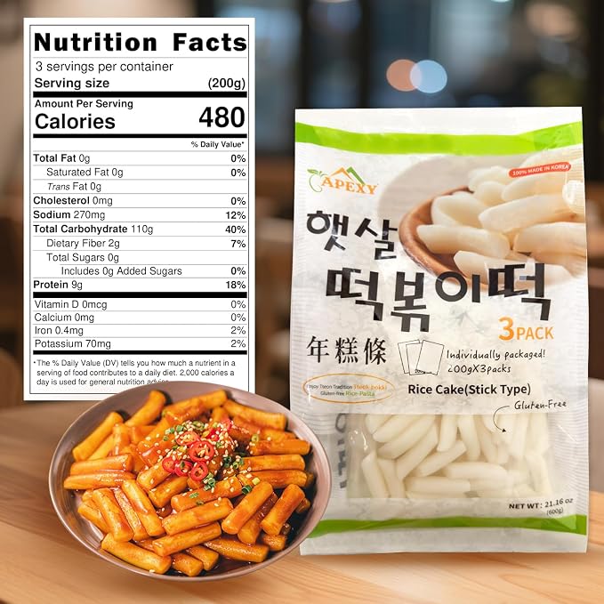 APEXY Korean Rice Cakes for Tteokbokki, Authentic Chewy Korean Rice Cake Sticks, Gluten Free, Vegan, Non-GMO Topokki Rice Cakes for Asian Cooking & Spicy Rice Cake Recipes, 21.16 oz Pack of 1