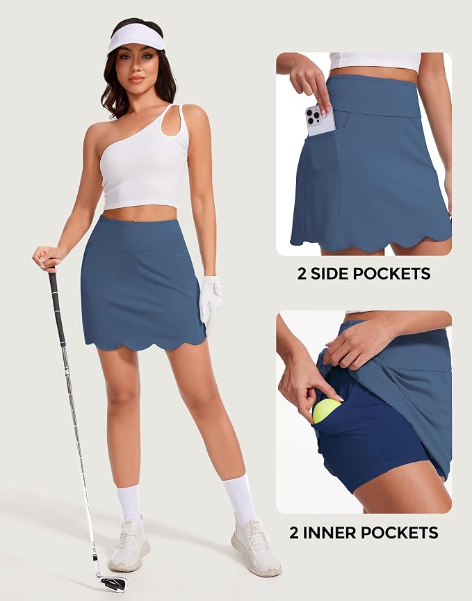 Skorts for Woman with Pockets 16" Golf Athletic Skirts Scalloped Hem Tennis Skirt Dressy Casual
