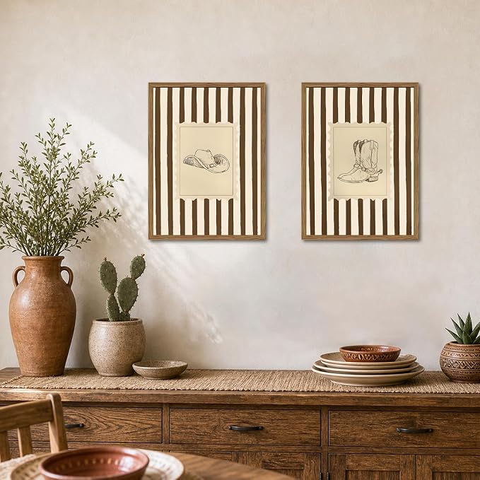 Western Cowboy Wall Art Set of 3, Vintage Cowboy Boots Hat Wall Decor Painting Southwestern Rodeo Canvas Prints Picture for Living Room Bedroom Farmhouse 12x16 Inch Wood Framed