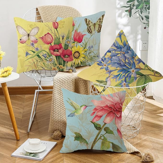 wyooxoo Spring Summer Pillow Covers 16x16 Set of 4 Decorative Throw Pillow Covers Linen Flower Butterfly Farmhouse Pillowcases for Sofa Couch Living Room Outdoor