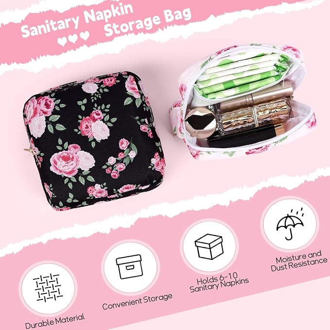 Sanitary Pad Storage Bag Portable Period Bag for Teen Pads/Sanitary Napkins/Small Tampons, Sanitary Napkin Storage Bag First Period Gifts for Teen Girls (Blue Rose Bowknot)