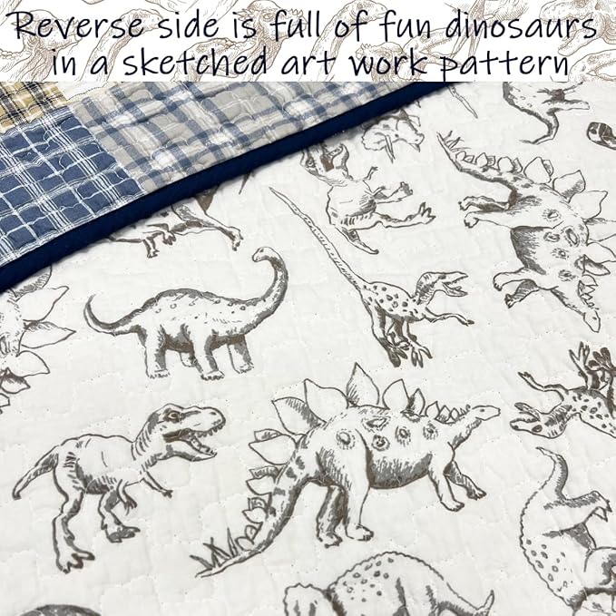 Cozy Line Home Fashions Benjamin Cute Dinosaur Plaid Navy Blue White Grey Bedding Quilt Set 100% Cotton Reversible Coverlet Bedspread Set for Kids Boy (King - 3 Piece)