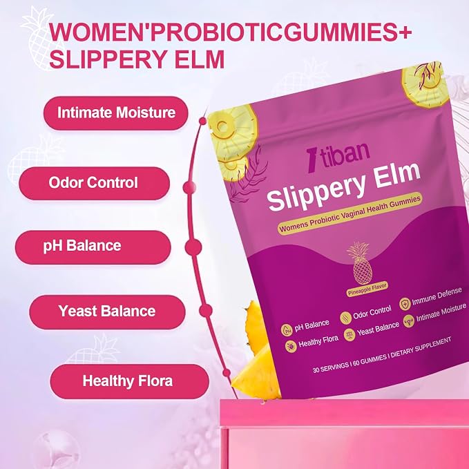 Slippery Elm Feminine Probiotic Moisture Gummies, pH Balance, Vaginal Flora, Odor Health with Bacillus coagulans, Delicious Pineapple Flavor, 60 Count