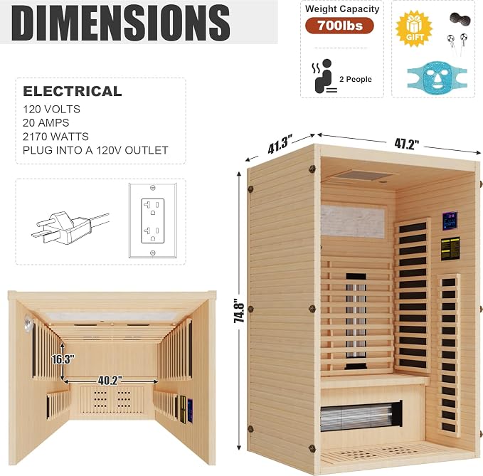 MEISSALIVVE Full Spectrum Sauna for Home, 1-2 Person Indoor Infrared Sauna Room with 10 Minutes Warm-up Heate, Canadian Hemlock Wood Indoor Dry Heat Sauna with Bluetooth and Tempered Glass