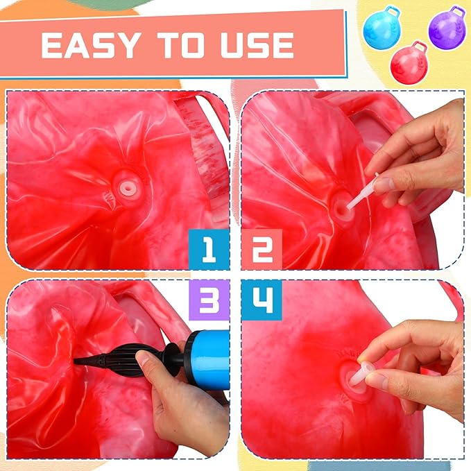 Poen 3 Pcs 18 Inch Hopper Inflatable Bouncy Ball with Handle Hippity Hop PVC Jumping Hopping Ball with 1 Air Pump for Kids Toddler Boys Girls Gifts Games(Red Blue Purple)
