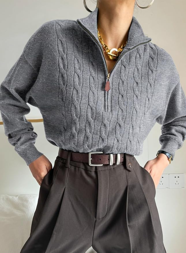 Dokotoo Women's Sweaters 2026 Fall Winter Quarter Zip Ribbed Cable Knit | Long Sleeve,Polo Neck,Lightweight Knit Pullover,Soft Comfy Tops,Casual Trendy Outfits,Fashion Clothing
