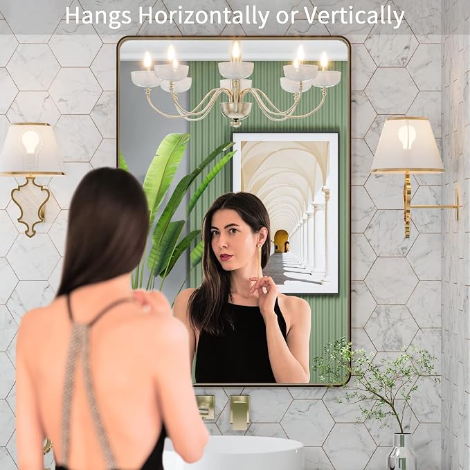 LOAAO 24"X32" Bronze Bathroom Mirror for Vanity | Rounded Rectangle, Brushed Bronze Metal Frame, Anti-Rust, Hangs Horizontally or Vertically