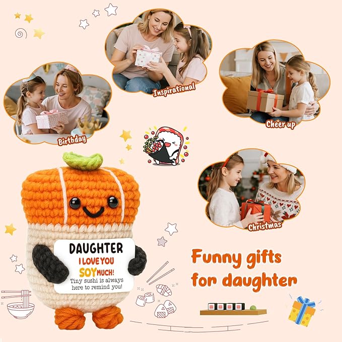 Mini Daughter Birthday Gifts from Mom Dad Funny Handmade Emotional Crochet Sushi I Love You Gifts for Daughter from Mother Father Back to School Graduation Christmas Stocking Stuffers Present