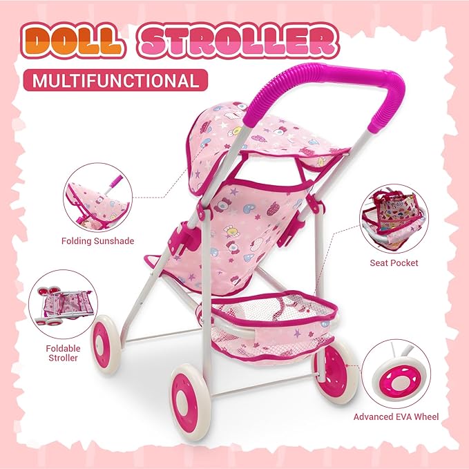 Baby Doll Stroller Set Interactive Baby Doll Eyes Open & Close with Doll Accessories Pretend Play Playset Realistic Baby Stroller Toy for Kids Toddlers Girls Ages 3+