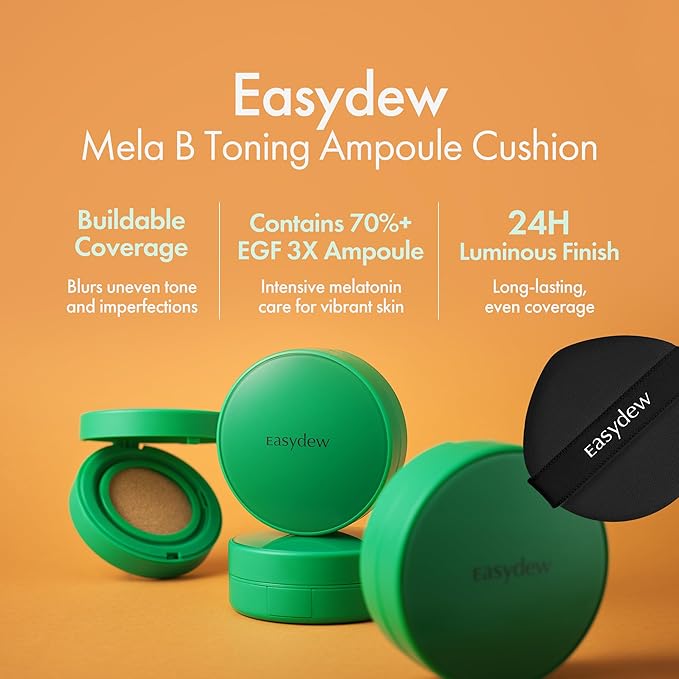 Easydew Mela B Toning Ampoule Cushion - 2-in-1 Korean Skin Care & Face Beauty Makeup - Age-Defying Full Coverage Cushion Foundation with Niacinamide & Hyaluron-Vital C 0.45 oz (#17 Ivory)