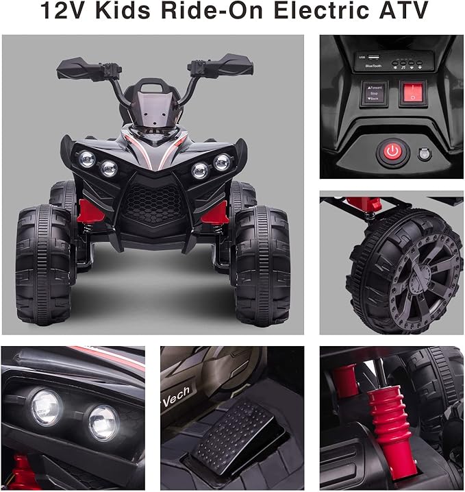 OTTARO Ride on ATV 2 Seater, 12V 4 Wheeler Electric Quad for Kids 3-8 w/ 17" Length Seat, LED Lights, 2 Speeds, Soft Braking, Rear Pedal & Backrest (Black)
