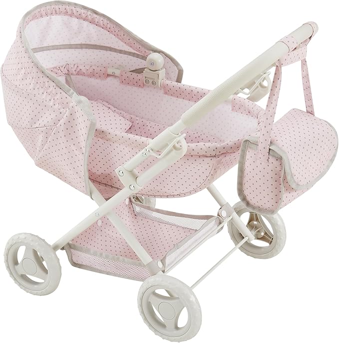 Olivia's Little World Polka Dot Princess Baby Doll Pram Stroller with Retractable Canopy & Storage, Pink