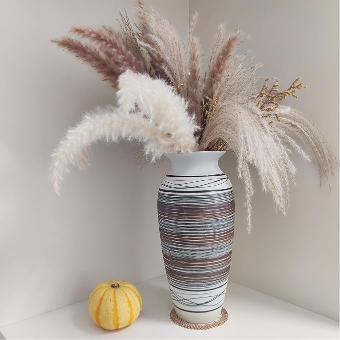 12.6" Tall Vintage Ceramic Rustic Farmhouse Vase (Half Stripe Brown) | Large Boho Textured Flower Vases for Home Decor, Living Room, Table, Mantel, Shelf