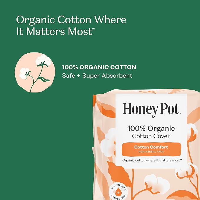 The Honey Pot Company - 44ct - Sanitary Pads for Women - Non-Herbal Heavy Overnight w/Wings - Organic Cotton Cover & Ultra-Absorbent Pulp Core - Feminine Care