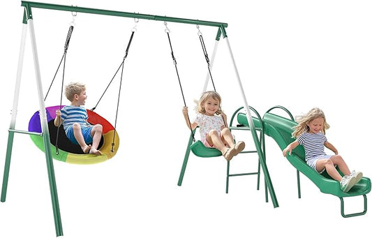 Qaba Swing Set for Backyard with Adjustable Seat and Saucer Swing, 5' Slide, Heavy Duty A-Frame Metal Stand Outdoor Playground Playset for Kids, Dark Green, 112" x 91" x 73"