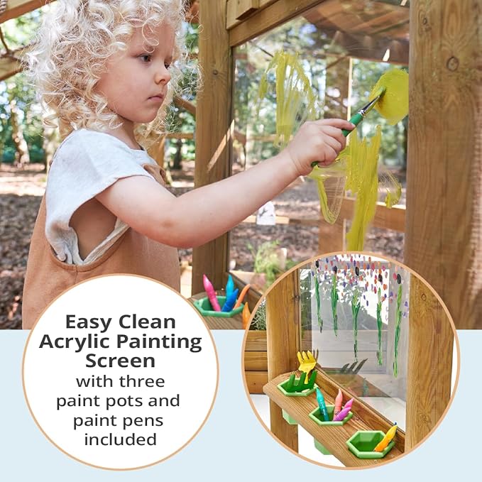 Plum Discovery Wood Swing Sets for Backyard, Kids Yard Play Equipment, Outdoor Toddler Swing with Slide, Monkey Bars, Climbing Bridge, Painting Easel, Built-in Planter Box, Weatherproof, Age 3+ Yrs