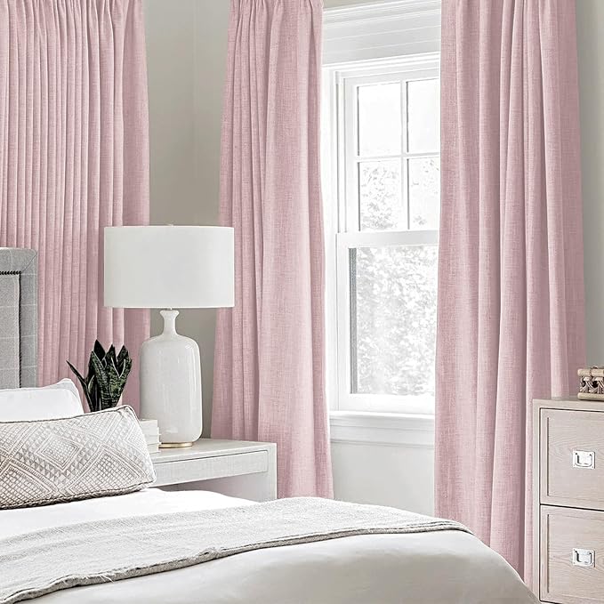 MIULEE Linen Texture Curtains for Bedroom Solid 100% Blackout Thermal Insulated Pink Curtains Grommet Room Darkening Drapes for Living Room 52x54 Inch (2 Panels)