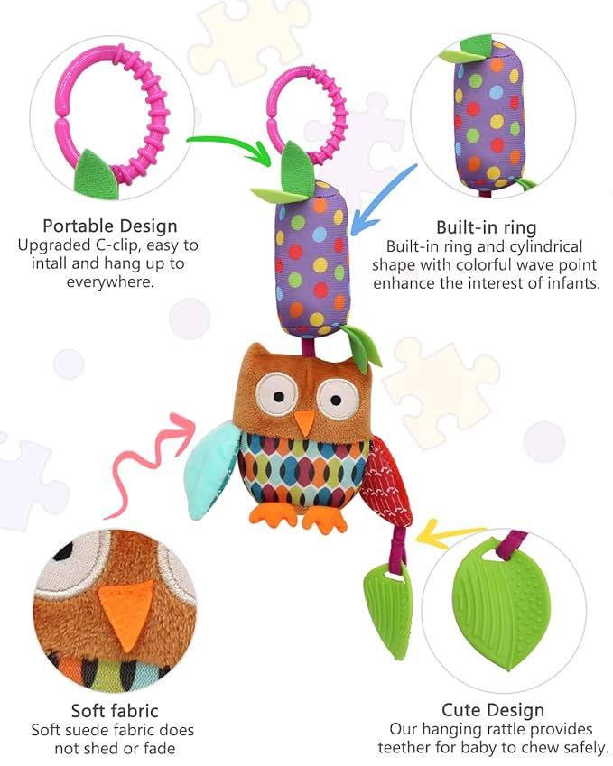 Bloobloomax Baby Soft Hanging Rattle, Car Seat Stroller Toys with Plush Animal C-Clip Ring for Infant Babies Boys and Girls 3 6 9 to 12 Months (12PCS-A)