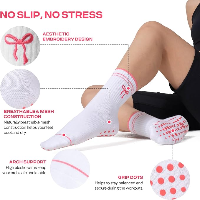 COOLMATE Pilates Socks with Grips for Women, Yoga Socks, Crew Non Slip Women for Barre, Pilates Gifts for Women