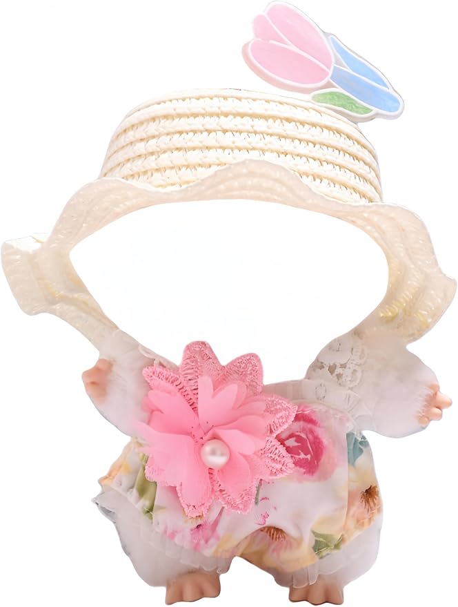 Designer Clothes Set for 17cm Dolls, Labooboo Doll Swimsuit, Doll Summer Outfits Accessories with Pink Floral One-Piece Swimsuit, Flower Hair Decor and Straw Hat