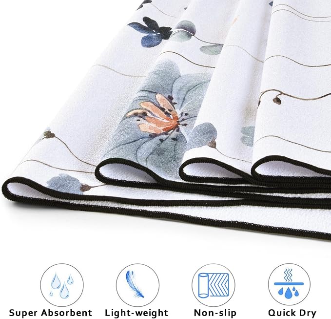QiyI Floral Yoga Mat Towel with Corner Pockets, Non Slip Sweat Absorbent Hot Yoga Towels, Soft Yoga Blankets with Travel Bag, Mat Cover for Workout, Gym, Fitness - 70"x26", Watercolor Flowers