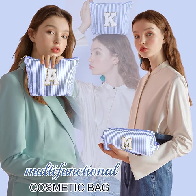 YOOLIFE Cute Makeup Bag for Girls Women - Personalized Initial Blue Makeup Pouch for Girlfriend Bridesmaid Wife | Cosmetic Travel Toiletry Bag for Her Mom | Birthday Preppy Stuff C